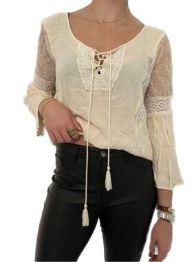 American Eagle Outfitters Boho Lace-Accent Cream Peasant Bell Sleeve Top